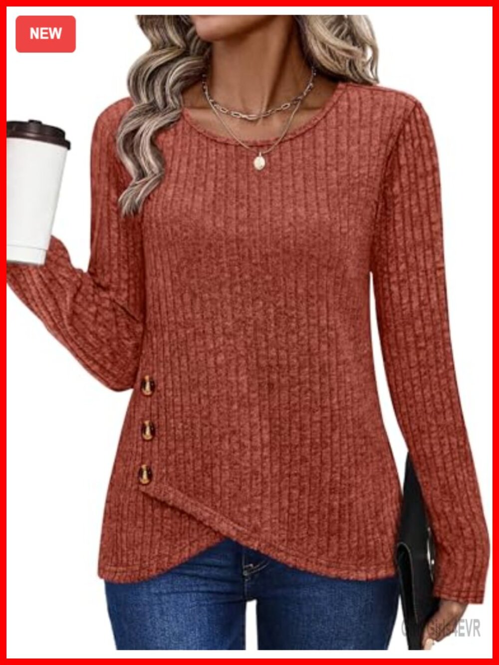 Tunic Sweater Long Sleeve Crew Neck Button Top with Side Splits